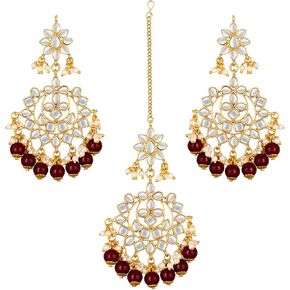 Aheli Indian Traditional Bollywood Faux Kundan Pearl Wedding Chandbali Earrings with Maang Tikka Jewelry Set Gift for Women