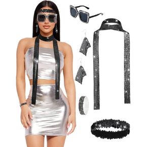 AWAYTR 70s Disco Accessories for Women 5PCS Sequin Scarf Disco Earrings Sunglasses Headband Diamond Bracelet