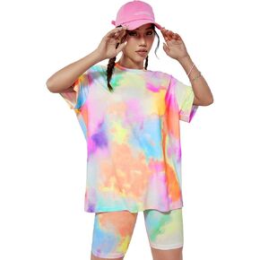 MakeMeChic Women's 2 Piece Outfits Casual Tie Dye Short Sleeve Round Neck Tee Shirt and Biker Shorts Matching Set