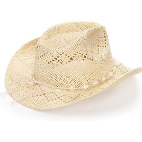 Hiceeden Straw Beach Cowboy Hat for Women, Western Cowboy Hat with Shapable Brim, Woven Sun Hat with Beaded Chain for Men, Beige