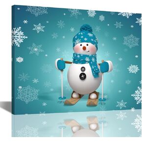 Winter Snowman Canvas Wall Art, Blue Hat and Scarf, Winter Christmas Decorative Wall Art for Living Room, Bedroom, Home, Christmas Bathroom Decor, 16x12 Inches