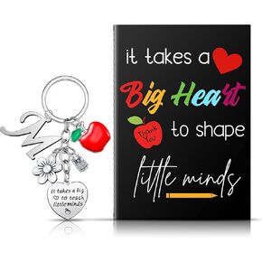 Yinkin Teacher Appreciation Gift Set Teacher Keychain Inspirational Teacher Notebook for Women Teacher Initial Keychain(Initial M Style)