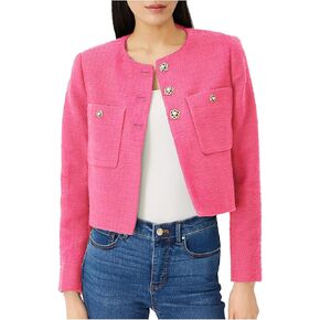 Women's Cropped Tweed Blazer Jacket Collarless Long Sleeve Button Down Work Office Jacket Casual Elegant Outfits