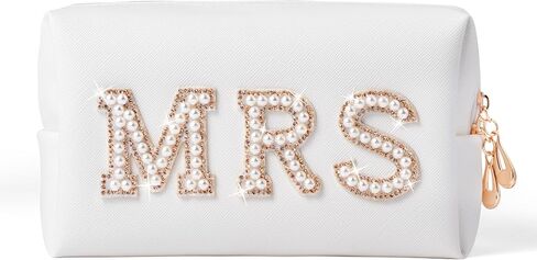 Y1tvei Bling Varsity Letter Makeup Bag -Pearl Rhinestone Patches, PU Leather, Waterproof Zipper Purse for Women in Kuwait