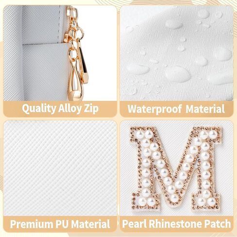 Y1tvei Bling Varsity Letter Makeup Bag -Pearl Rhinestone Patches, PU Leather, Waterproof Zipper Purse for Women in Kuwait