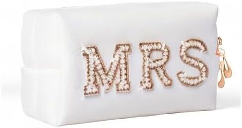 Y1tvei Bling Varsity Letter Makeup Bag -Pearl Rhinestone Patches, PU Leather, Waterproof Zipper Purse for Women in Kuwait
