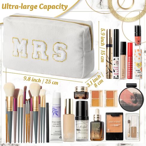 Y1tvei Bling Varsity Letter Makeup Bag -Pearl Rhinestone Patches, PU Leather, Waterproof Zipper Purse for Women in Kuwait