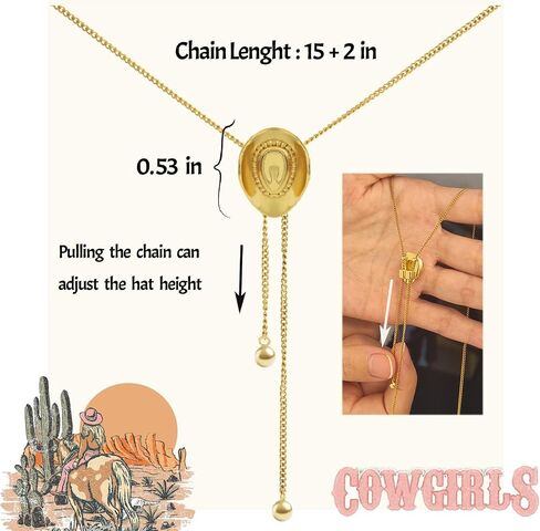 Gold Western Cowgirl Hat Necklace for Women, Cowgirl Accessories, Bolo Tie Cowboy Necktie Western Long Necklace Jewelry Gift in Saudi Arabia