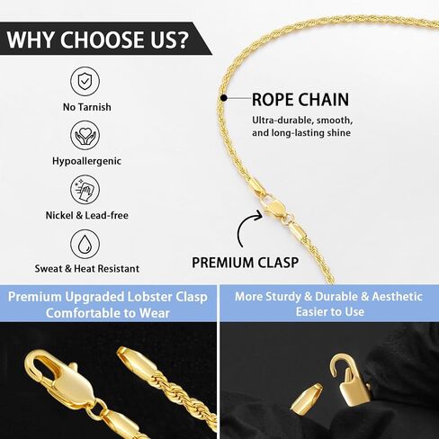Jewlpire 14K الذهب حبل سلسلة قلادة للرجال النساء الأولاد، 2.5 مم 3 مم 4 مم قطع الماس سلسلة حبل الفولاذ المقاوم للصدأ للرجال قوي ومريح الرجال سلسلة القلائد، 16 18 20 22 24 26 بوصة in Kuwait