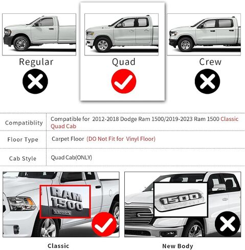 سجادات أرضية YITAMOTOR تناسب 2013-2018 Dodge Ram 1500/2500/3500 Crew Cab، 2019-2024 Ram 1500 Classic Crew Cab الصف الأول والثاني لجميع الأحوال الجوية، بطانات أرضية شديدة التحمل باللون الأسود in Saudi Arabia