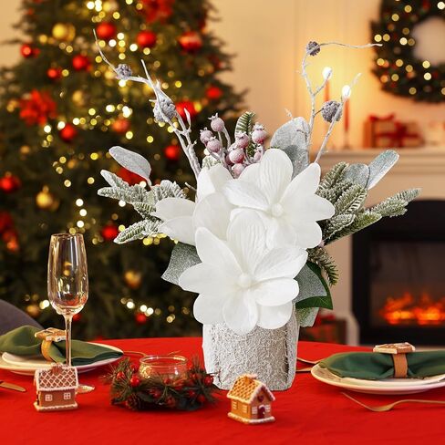 البونسيتة زهور عيد الميلاد الاصطناعية منضدية بيضاء ماغنوليا زهور عيد الميلاد نباتات اصطناعية 13 "نباتات البونسيتة الصناعية الصغيرة لطاولة الموقد ديكورات المنزل الشتوية in Saudi Arabia