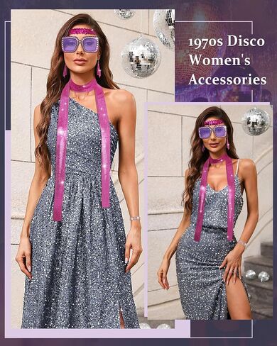 AWAYTR 70s ديسكو اكسسوارات للنساء 5 قطعة وشاح الترتر ديسكو أقراط النظارات الشمسية عقال سوار الماس in Kuwait