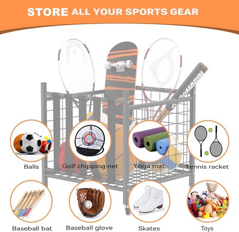 WALMANN Garage Sports Equipment Organizer, Ball Storage Rack Indoor/Outdoor Rolling Ball Cart with Wheels in Saudi Arabia
