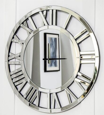 SHYFOY 34" Oversize Wall Clock Living Room Decor, Extra Large Decorative Mirror Wall Clocks, Silver Wall Decor Big Clocks Modern Roman Numerals Home Decor, Acrylic Mirror Finish in Kuwait