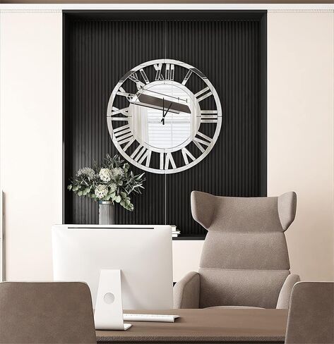 SHYFOY 34" Oversize Wall Clock Living Room Decor, Extra Large Decorative Mirror Wall Clocks, Silver Wall Decor Big Clocks Modern Roman Numerals Home Decor, Acrylic Mirror Finish in Kuwait
