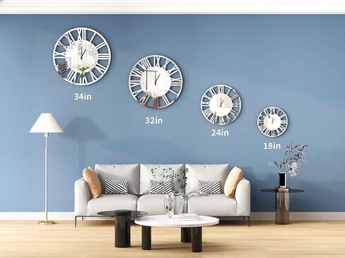 SHYFOY 34" Oversize Wall Clock Living Room Decor, Extra Large Decorative Mirror Wall Clocks, Silver Wall Decor Big Clocks Modern Roman Numerals Home Decor, Acrylic Mirror Finish in Kuwait