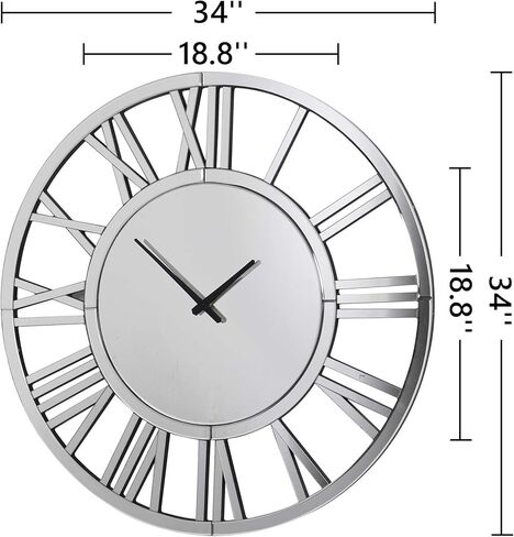 SHYFOY 34" Oversize Wall Clock Living Room Decor, Extra Large Decorative Mirror Wall Clocks, Silver Wall Decor Big Clocks Modern Roman Numerals Home Decor, Acrylic Mirror Finish in Kuwait