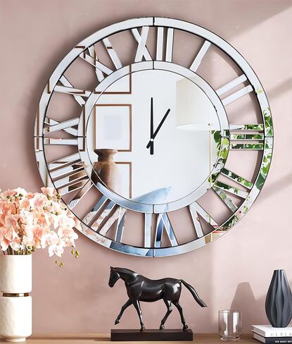 SHYFOY 34" Oversize Wall Clock Living Room Decor, Extra Large Decorative Mirror Wall Clocks, Silver Wall Decor Big Clocks Modern Roman Numerals Home Decor, Acrylic Mirror Finish in Kuwait
