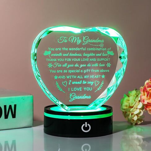 YWHL Gifts for Grandma with Colorful LED Base, Meaningful Heart Crystal Grandma Birthday Gifts, Great Gifts Ideas for Grandma on Mothers Day Christmas Valentine from Grandkids in Kuwait