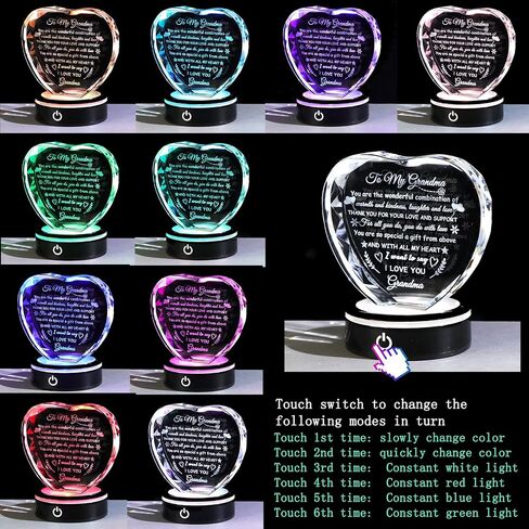 YWHL Gifts for Grandma with Colorful LED Base, Meaningful Heart Crystal Grandma Birthday Gifts, Great Gifts Ideas for Grandma on Mothers Day Christmas Valentine from Grandkids in Kuwait