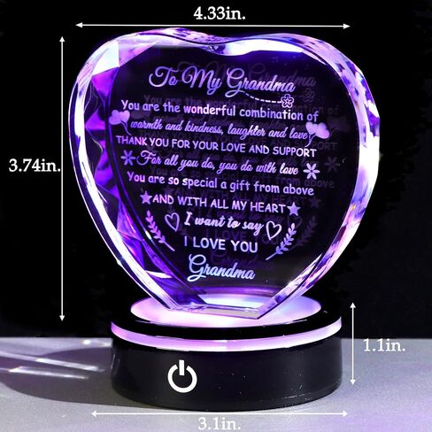 YWHL Gifts for Grandma with Colorful LED Base, Meaningful Heart Crystal Grandma Birthday Gifts, Great Gifts Ideas for Grandma on Mothers Day Christmas Valentine from Grandkids in Kuwait