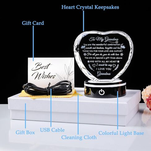 YWHL Gifts for Grandma with Colorful LED Base, Meaningful Heart Crystal Grandma Birthday Gifts, Great Gifts Ideas for Grandma on Mothers Day Christmas Valentine from Grandkids in Kuwait
