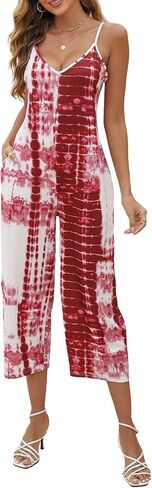 Amilia Women's Spaghetti Strap V Neck Loose Tie Dye Cami Top Stretchy Jumpsuit Long Romper Catsuit with Pockets in Saudi Arabia