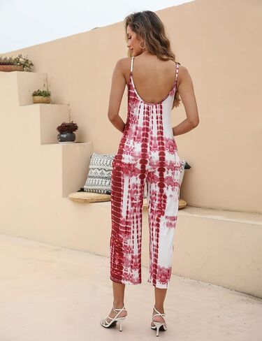 Amilia Women's Spaghetti Strap V Neck Loose Tie Dye Cami Top Stretchy Jumpsuit Long Romper Catsuit with Pockets in Saudi Arabia