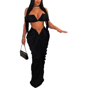 Womens Sexy Tube Tops and Ruched Pleated Skirts 2 Piece Sets Party Club Suits