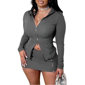 Women's Long Sleeve Zipper Waist-controlled Hoodie Top Short Skirt 2 piece Set in Kuwait
