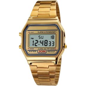 VIGOROSO Men Lady Vintage Retro Gold Stainless Steel Digital Casual Watch Alarm Stopwatch