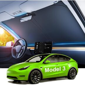 2024 New Version Tesla Model 3 Sunshade Windshield Accessories【OEM Fit, Sun Blockage】 Heat Insulation Keep Cooling Foldable Light-Tight Front Window Sunshade for Model 3 with Reinforced Velcro Strap