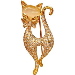 Vintage Rhinestone Cat Brooch Pin for Women Girls Silver Plated Fashion Cute Colorful Crystals Animal Kitten Brooches Lapel Pins Dress Accessories Holiday Birthday Party Jewelry Unisex Gift Souvenir (Golden)