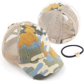 C.C Kids Criss-Cross Elastic Band Ponytail Caps Messy Buns Trucker Plain Baseball Cap (KIDS-BT-780)