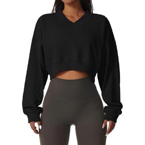 Remidoo Women's V Neck Cropped Sweatshirt Long Sleeve Loose Fit Drop Shoulder Pullover Top in Kuwait