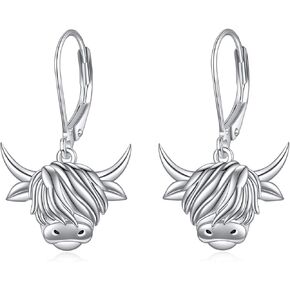 YAFEINI Highland Cow Earrings Sterling Silver Highland Cow Leverback Dangle Earrings Scottish Jewelry for Women Gifts