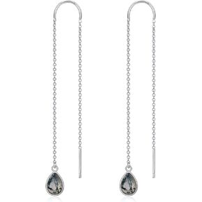 Teardrop Threader Earrings 925 Sterling Silver Natural Moss Agate Teardrop Earrings Droplet Jewelry Drop Dangle Long Charm Earrings for Women Birthday Present