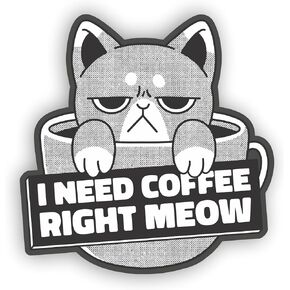 VulgrCo Cat Grumpy Cup I Need Coffee Right Meow Animal Funny Sticker Vinyl Waterproof UV Resistant Decal For Phones Laptops Water Bottles Tumblers Boats Cars Trucks Windows Kayak 3" inch Bumper Stickers