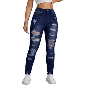 Women's High Rise Skinny Stretch Ripped Jeans High Waisted Destroyed Tight Denim Pants
