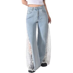 Women High Waisted Jeans Straight Wide Leg Pants Causal Patchwork Denim Pants with Lace