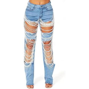 Ptorlio Sexy Ripped Jean Straight Leg Pearl Jeans High Waisted Distressed Denim Party Pants