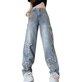 Womens Star Jeans Baggy Cargo Jeans Vintage Casual Y2K Outfits Straight Leg Denim with Pocket