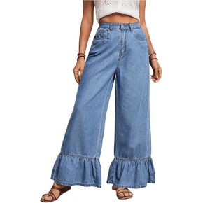 SweatyRocks Women's High Waist Wide Leg Baggy Jeans Ruffled Hem Denim Palazzo Pants