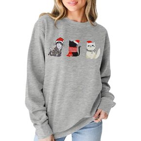 Women Christmas Meowy Catmas Sweatshirt Cute Xmas Cats Graphic Crewneck Sweater Long Sleeve Oversized Pullover Tops