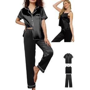 3Pcs Womens Satin Pajamas Set Silk Pj Sets Sexy Camisole Tops And Pants Silky Pajama XS-4XL Pjs Sleepwear