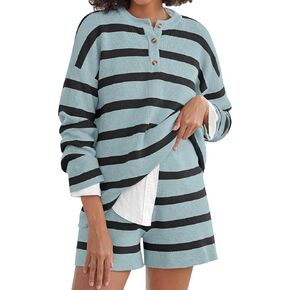 NORACORA Striped Lounge Set for Women Shorts Long Sleeve Sweater Button Down Matching Outfits Loungewear Sleep Sets