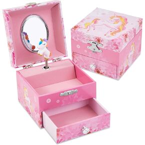 Little Girls Musical Jewelry Box with Pullout Drawer and Spinning Unicorn doll, Rainbow Design Kids Toys Music Box for Girls Jewel Storage