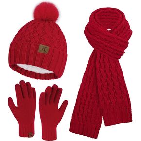 Womens Winter Beanie Hat Touchscreen Gloves Long Neck Scarf Set Warm Knit Caps with Pom Fleece Gifts for Women