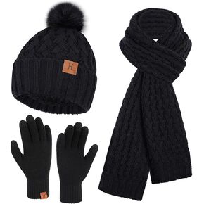 Womens Winter Beanie Hat Touchscreen Gloves Long Neck Scarf Set Warm Knit Caps with Pom Fleece Gifts for Women in Kuwait