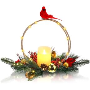 Christmas Centerpiece with Candle Holder Christmas Candle Holder with Cardinal Pinecone Christmas Candle Wreath Christmas Table Decorations for Christmas Party Festival Home Table Decor